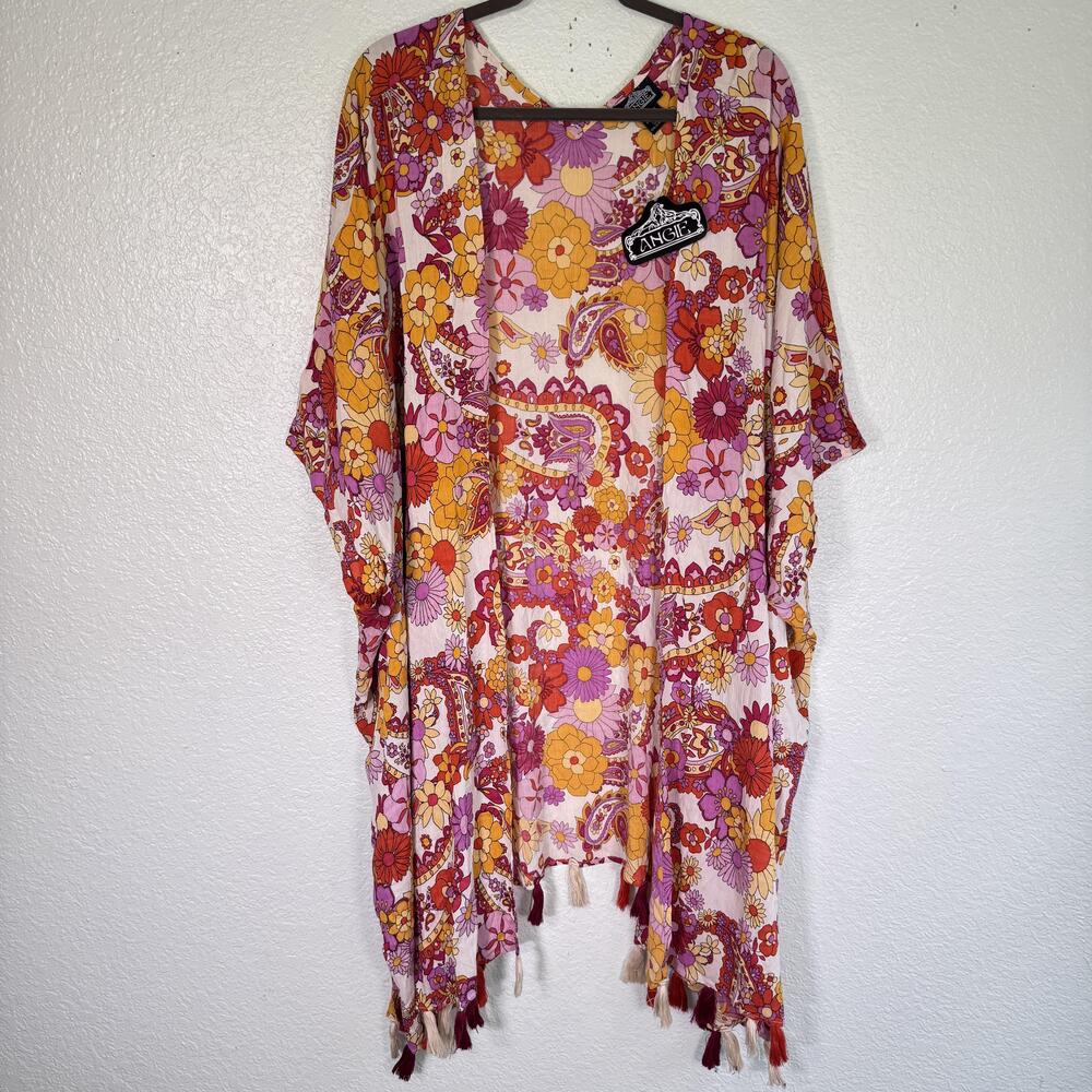 Angie Kimono Womens 3X Floral Paisley Tassel Boho Retro Cardigan Plus Size XXL